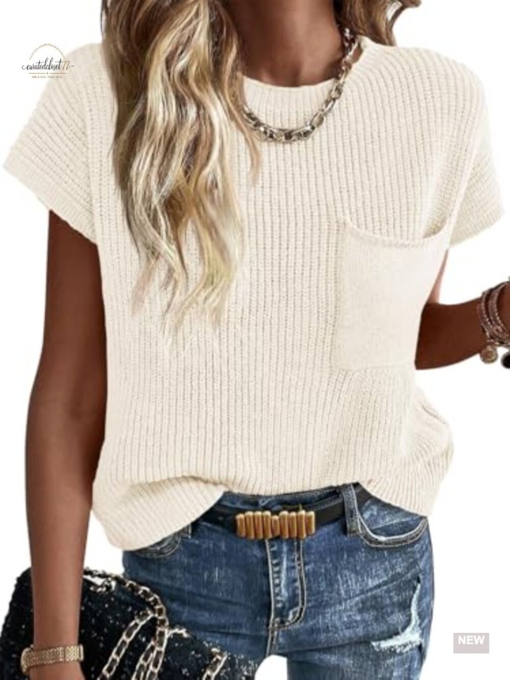 Women's Lightweight Short Sleeve Sweater Vest Loose Knit Crew Neck Top